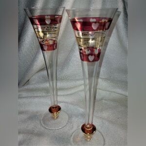 PAIR VINTAGE ETCHED HEARTS RUBY RED FLUTES CHAMPAGNE L'AMOUR 11" GLASSES